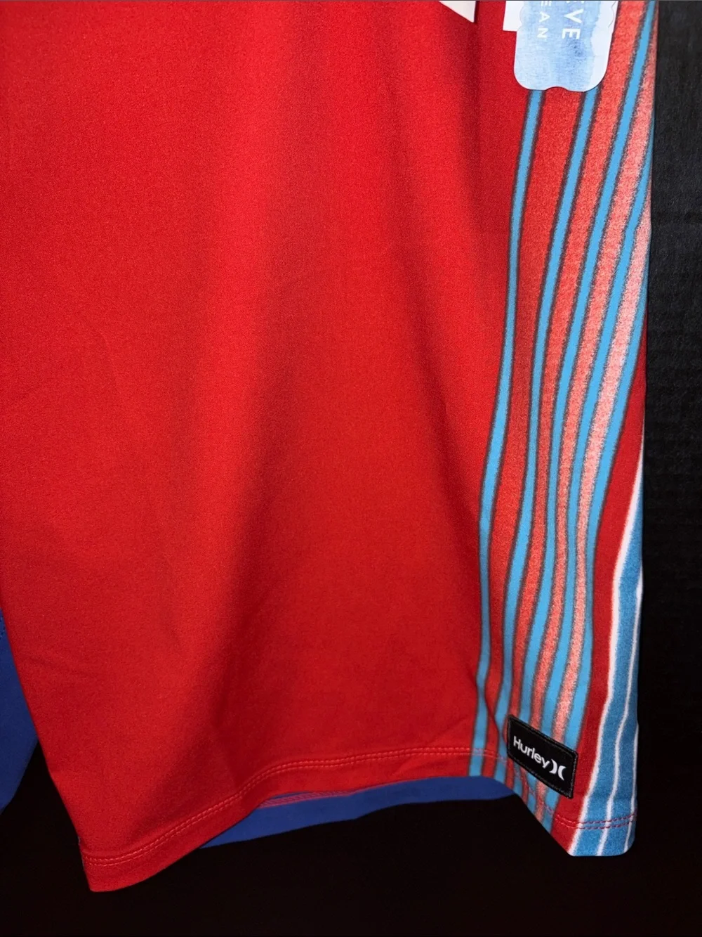 Hurley Red Boardshorts with Blue & White Side Stripes